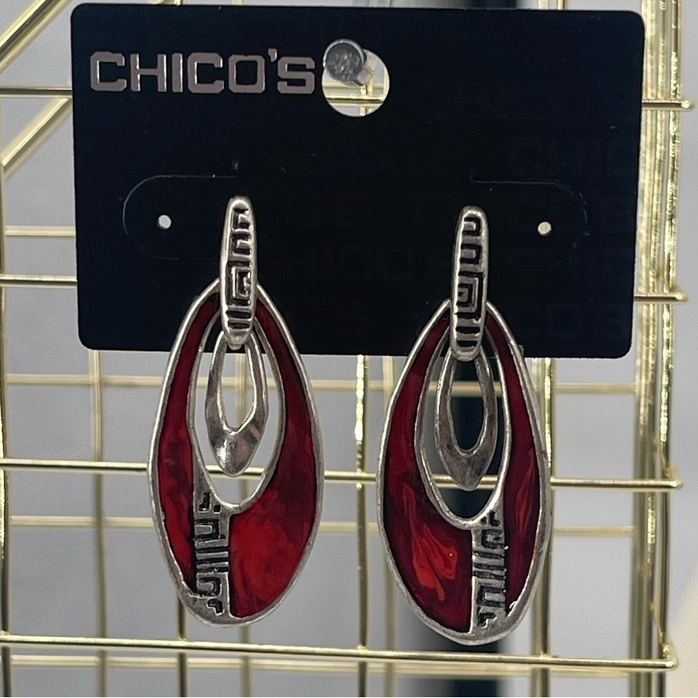 Chico's NWT Sloane tribal silver tone red drop earrings